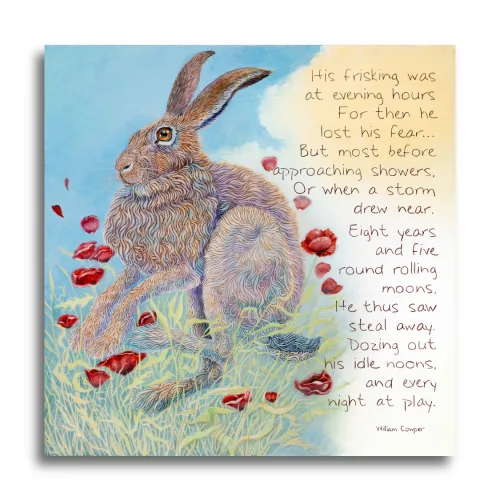 His Frisking... by Ann Richmond - A stunning, Original artwork featuring a leaping Hare and a quotation from a William Cowper poem. Painted in the artist's unique style... Framing available.