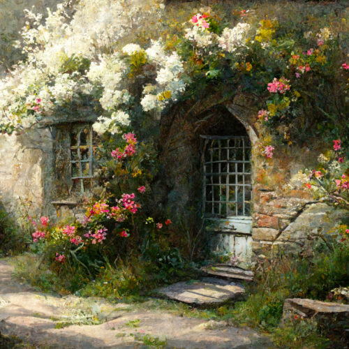 Old Rose Cottage - An AI-inspired Fine-Art Print & Embellished Fine-Art Print by Gary Hyland and exclusively available in 4 sizes from Otherwurlde.com.