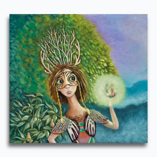 Dryad by Ann Richmond - A stunning, Original artwork featuring a Dryad (Wood Nymph) and a wormy-apple! Painted in the artist's unique style... Framing available.
