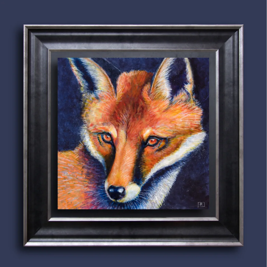 Renard, painted by renowned UK wildlife artist Ann Richmond, is a captivating and soulful artwork featuring a portrait of a young male fox, intently gazing at something beyond the composition, set against a mottled midnight blue background. Part of the Fox Collection, this artwork invites viewers on a heartfelt journey through the enchanting world of foxes, birds, hares, and badgers, all expertly portrayed in Ann's distinctive style. Discover both the original work and fine-art prints of this exquisite piece at Otherwurlde.com.