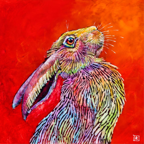 Rainbow Hare #3 by Ann Richmond - A soulful painting of a rainbow-tinged Hare. C/W Letter of Provenance & Story. Framing Available.