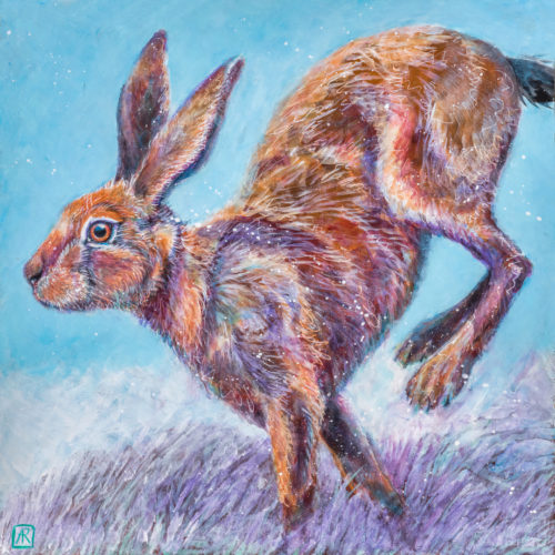 Touchdown! by Ann Richmond - A soulful painting of a leaping Hare. C/W Letter of Provenance & Story. Framing Available.
