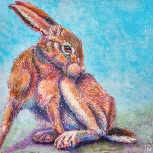 Washing the Hare by Ann Richmond - A soulful painting of a grooming Hare. C/W Letter of Provenance & Story. Framing Available.