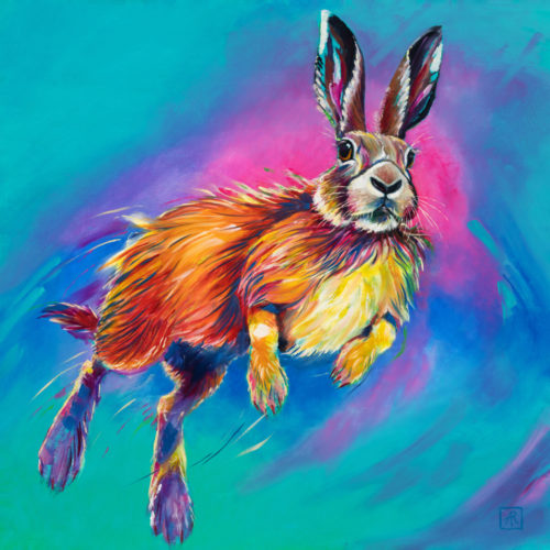 Neon Hare #1 by Ann Richmond - A stylised Painting of a leaping Hare. C/W Letter of Provenance & Story. Framing Available.