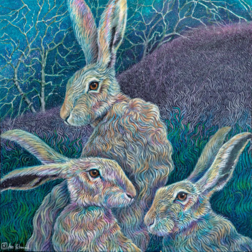 Green Valley Trio by Ann Richmond - A soulful painting of a trio of Hares. C/W Letter of Provenance & Story. Framing Available.
