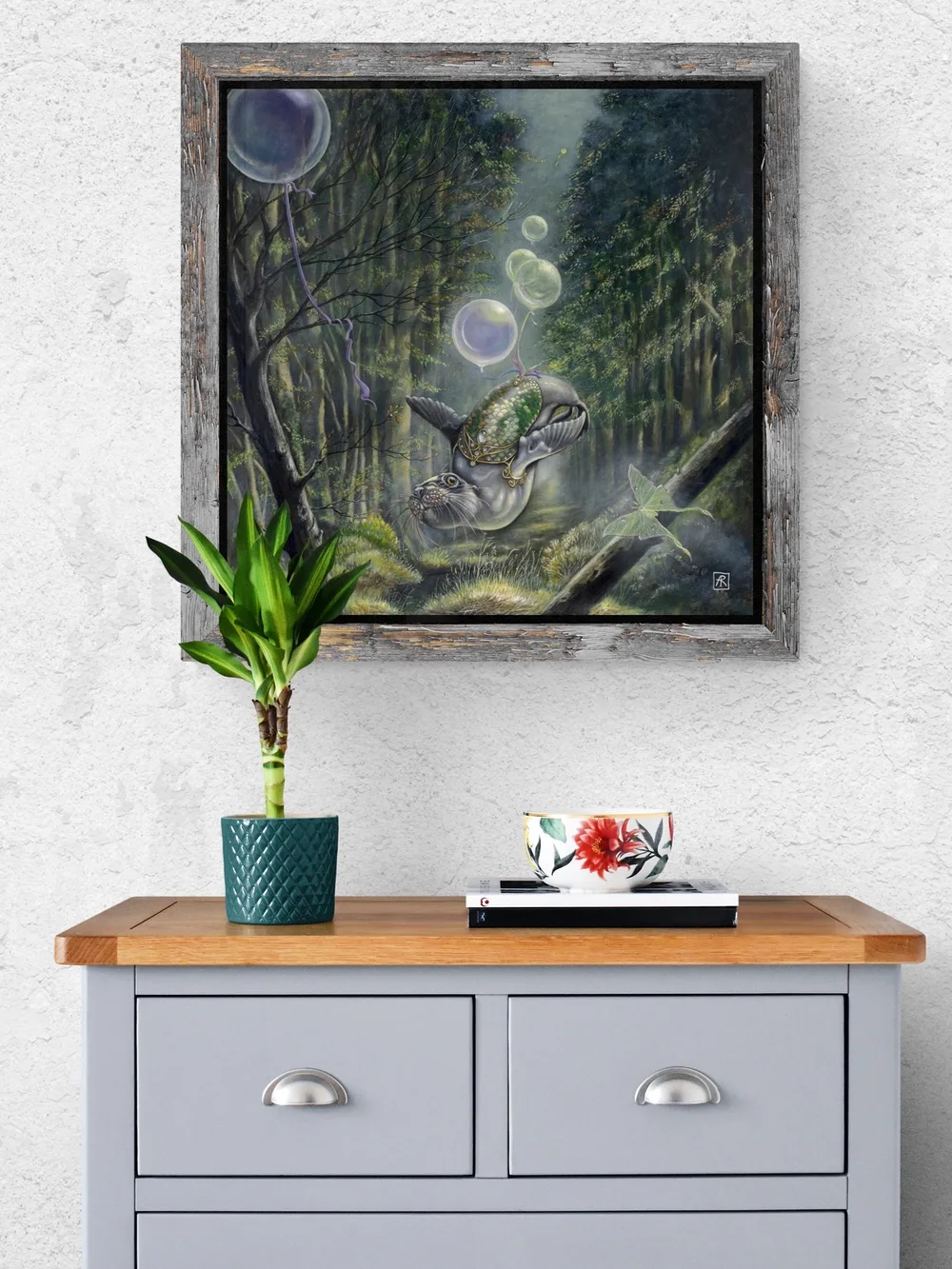 The One That Got Away... painted by renowned UK fantasy artist Ann Richmond, is a beautiful and enigmatic piece of fantasy art featuring an airborne sealion as she collects balloons in a magical forest... Part of the Otherwurlde Collection—and created in collaboration with writer Gary Hyland—the piece transports viewers into a magical realm where armoured animals and evocative narratives come to life. Offered as affordable art with story, collectors can choose between the original artwork and an exclusive range of fine-art prints. Discover the enchantment at Otherwurlde.com.