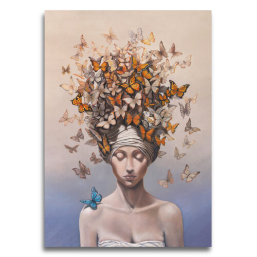 Arrival by Ann Richmond - A Painting of monarch butterflies and a daydreaming lady. C/W Letter of Provenance & Story. Framing Available.