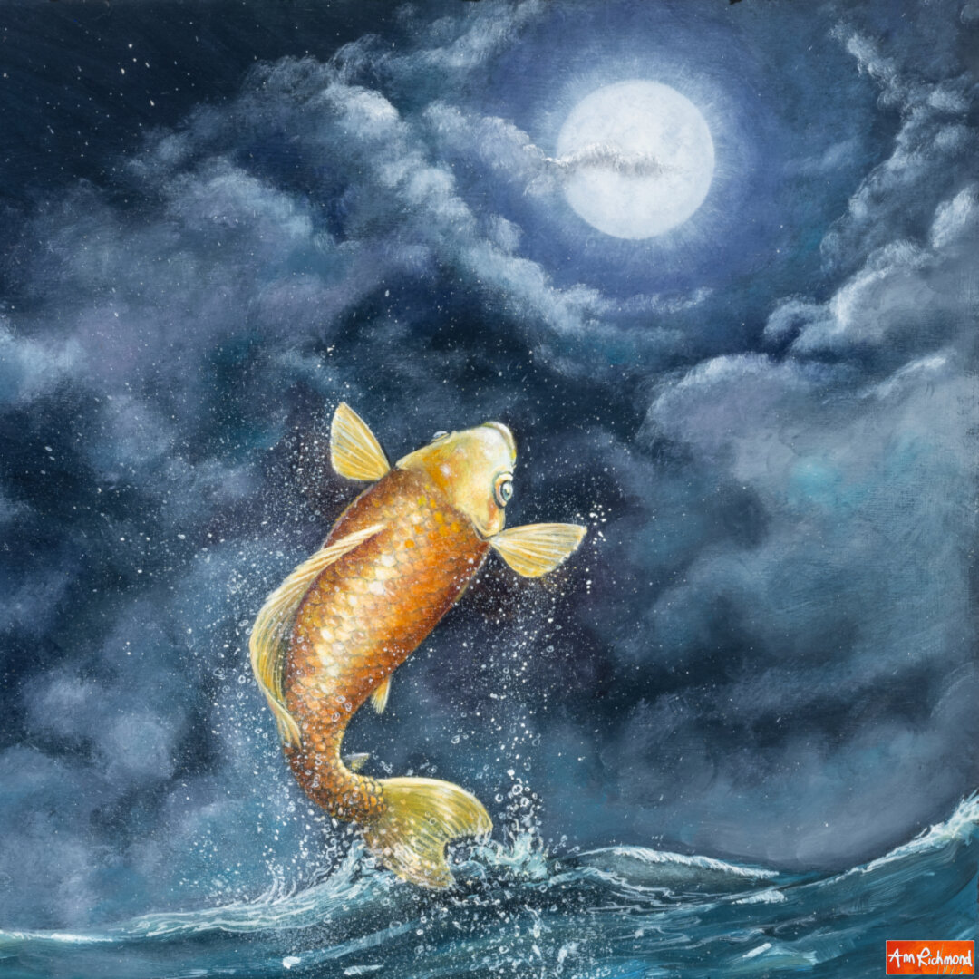 All That Glitters... by Ann Richmond - A stunning artwork of an armoured Otter chasing 2 Golden Carp. Painted in the artist's unique style... Framing available.