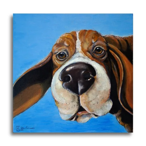 Blue Beagle by Ann Richmond - A stunning, Original artwork featuring a Beagle against a deep blue background. Painted in the artist's unique style... Framing available.