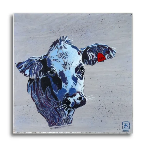Cow #572 by Ann Richmond - A stunning, Original stencilled artwork featuring a Dairy Cow wearing a numbered ear-tag. Painted in the artist's unique style... Framing available.