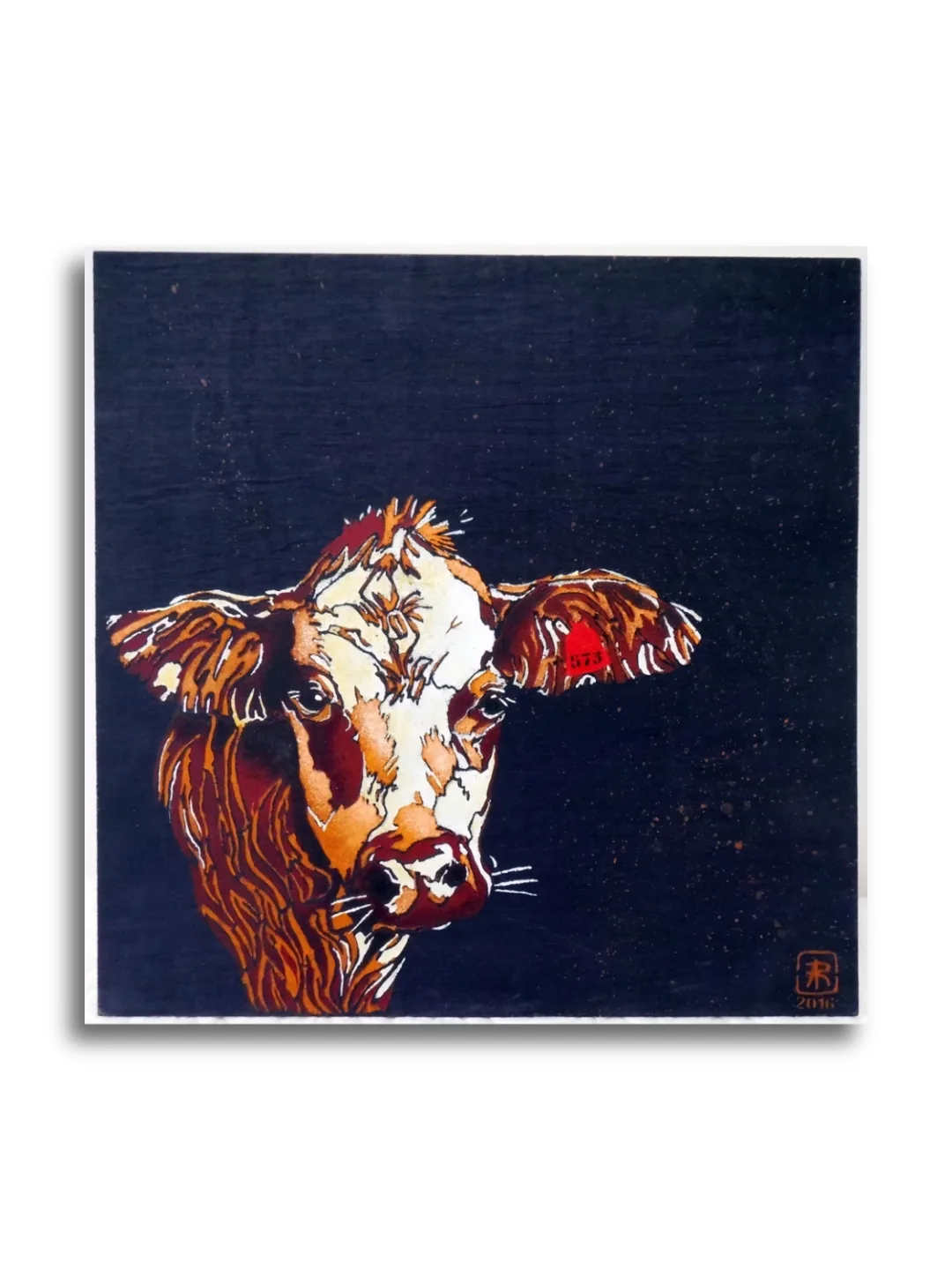 Cow #573 by Ann Richmond - A stunning, Original stencilled artwork featuring a Dairy Cow wearing a numbered ear-tag. Painted in the artist's unique style... Framing available.