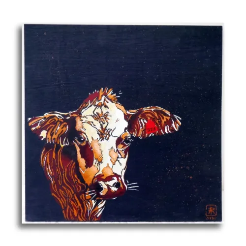 Cow #573 by Ann Richmond - A stunning, Original stencilled artwork featuring a Dairy Cow wearing a numbered ear-tag. Painted in the artist's unique style... Framing available.