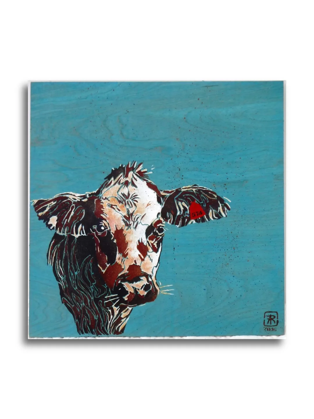 Cow #574 by Ann Richmond - A stunning, Original stencilled artwork featuring a Dairy Cow wearing a numbered ear-tag. Painted in the artist's unique style... Framing available.