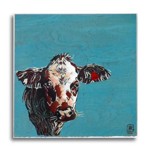 Cow #574 by Ann Richmond - A stunning, Original stencilled artwork featuring a Dairy Cow wearing a numbered ear-tag. Painted in the artist's unique style... Framing available.