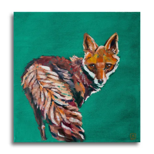 Green Fox (Oil) by Ann Richmond - A stunning, Original artwork featuring a turning Red Fox. Painted in the artist's unique style... Framing available.