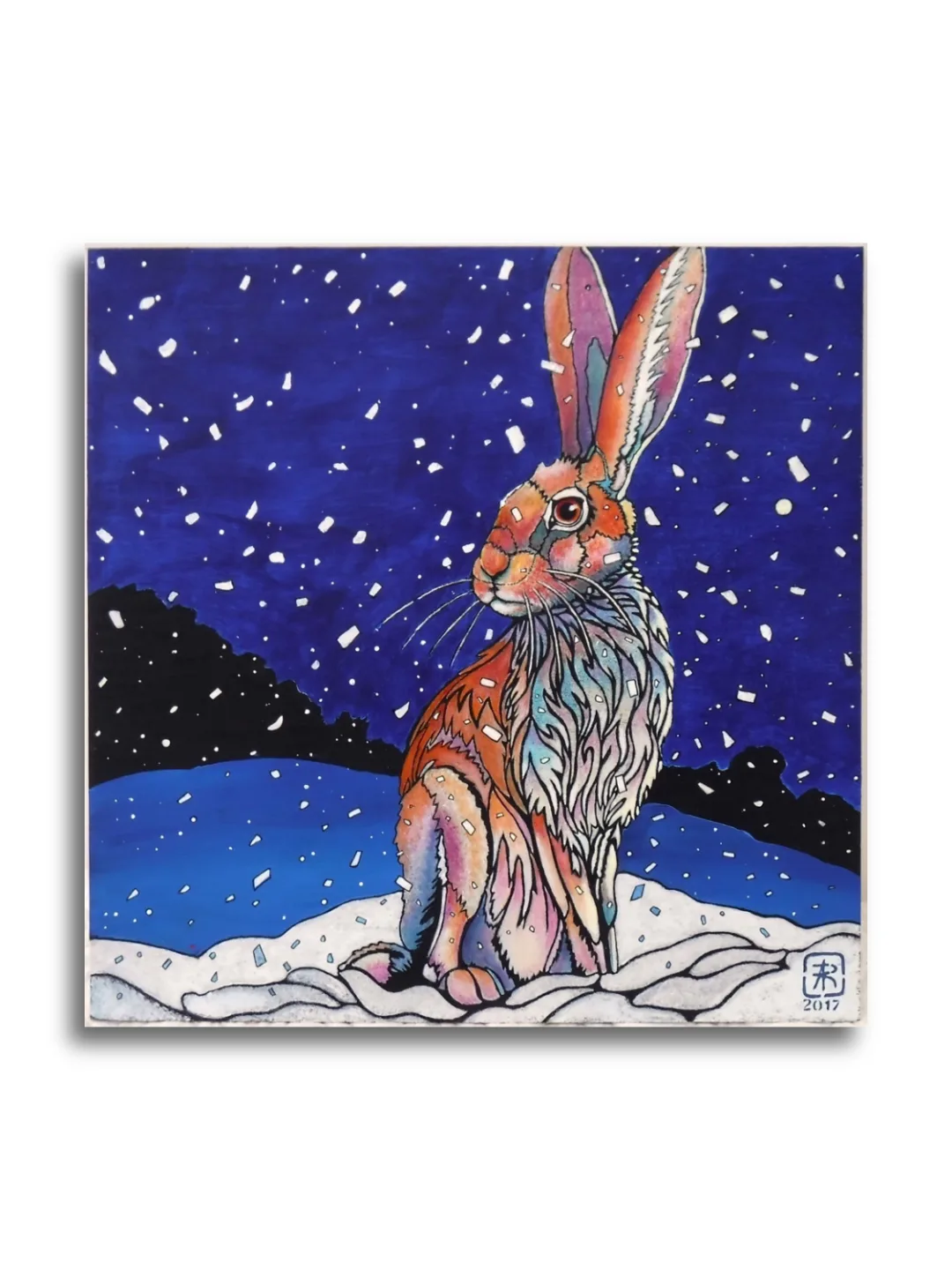 Curious Hare - Winter by Ann Richmond - A stunning, Original stencilled artwork featuring a Hare. Painted in the artist's unique style... Framing available.