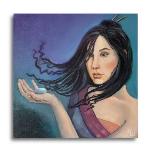 Bluestone by Ann Richmond - A stunning, Original artwork featuring a young woman staring at a blue stone. Painted in the artist's unique style... Framing available.