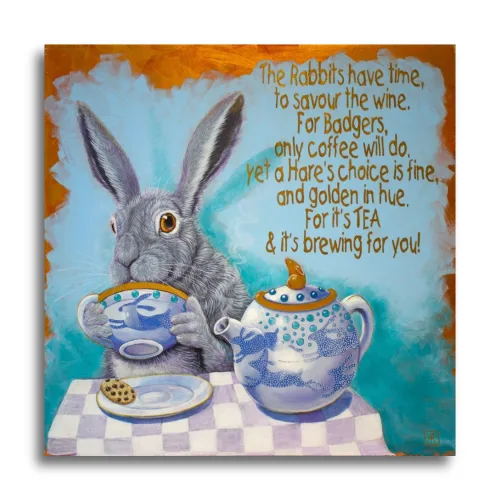 Time For Tea by Ann Richmond - A stunning, Original artwork featuring a Rabbit enjoying a cuppa. Painted in the artist's unique style... Framing available.