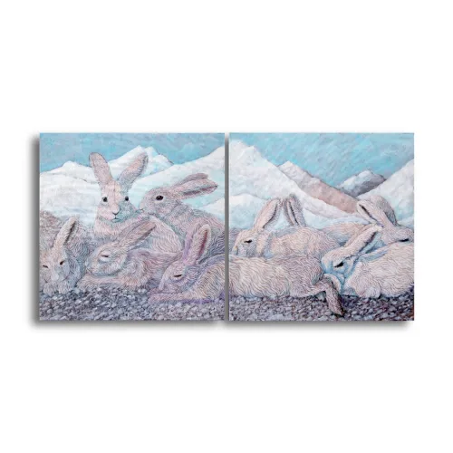 Arctic Hares by Ann Richmond - A stunning, Original Diptych of a pair of Arctic Hares. Painted in the artist's unique style... Framing available.