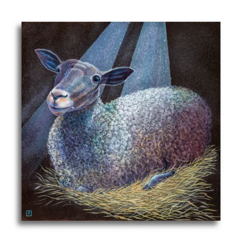 Moonstruck by Ann Richmond - A stunning, Original artwork featuring a Gotland Sheep in a moonlit manger. Painted in the artist's unique style... Framing available.