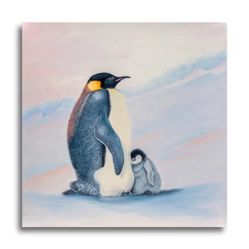 Love in a Cold Climate by Ann Richmond - A stunning, Original artwork featuring an Emperor Penguin & chick. Painted in the artist's unique style... Framing available.