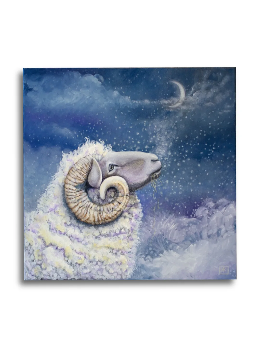 Moongazer by Ann Richmond - A stunning, Original artwork featuring a sheep staring up at the night sky. Painted in the artist's unique style... Framing available.