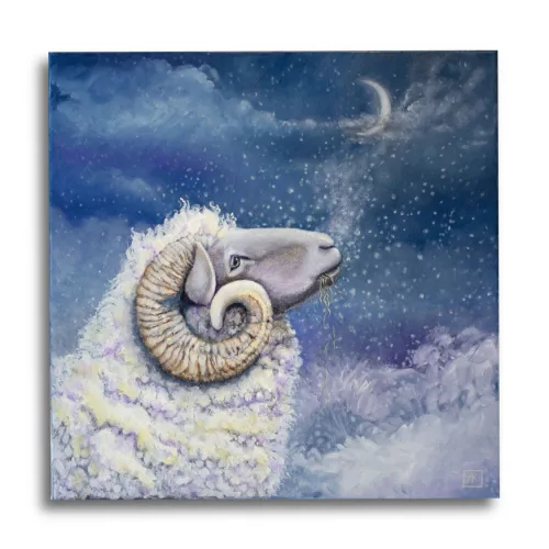 Moongazer by Ann Richmond - A stunning, Original artwork featuring a sheep staring up at the night sky. Painted in the artist's unique style... Framing available.