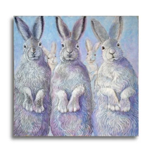 The Watchers by Ann Richmond - A stunning, Original artwork featuring a trio of staring Hares. Painted in the artist's unique style... Framing available.