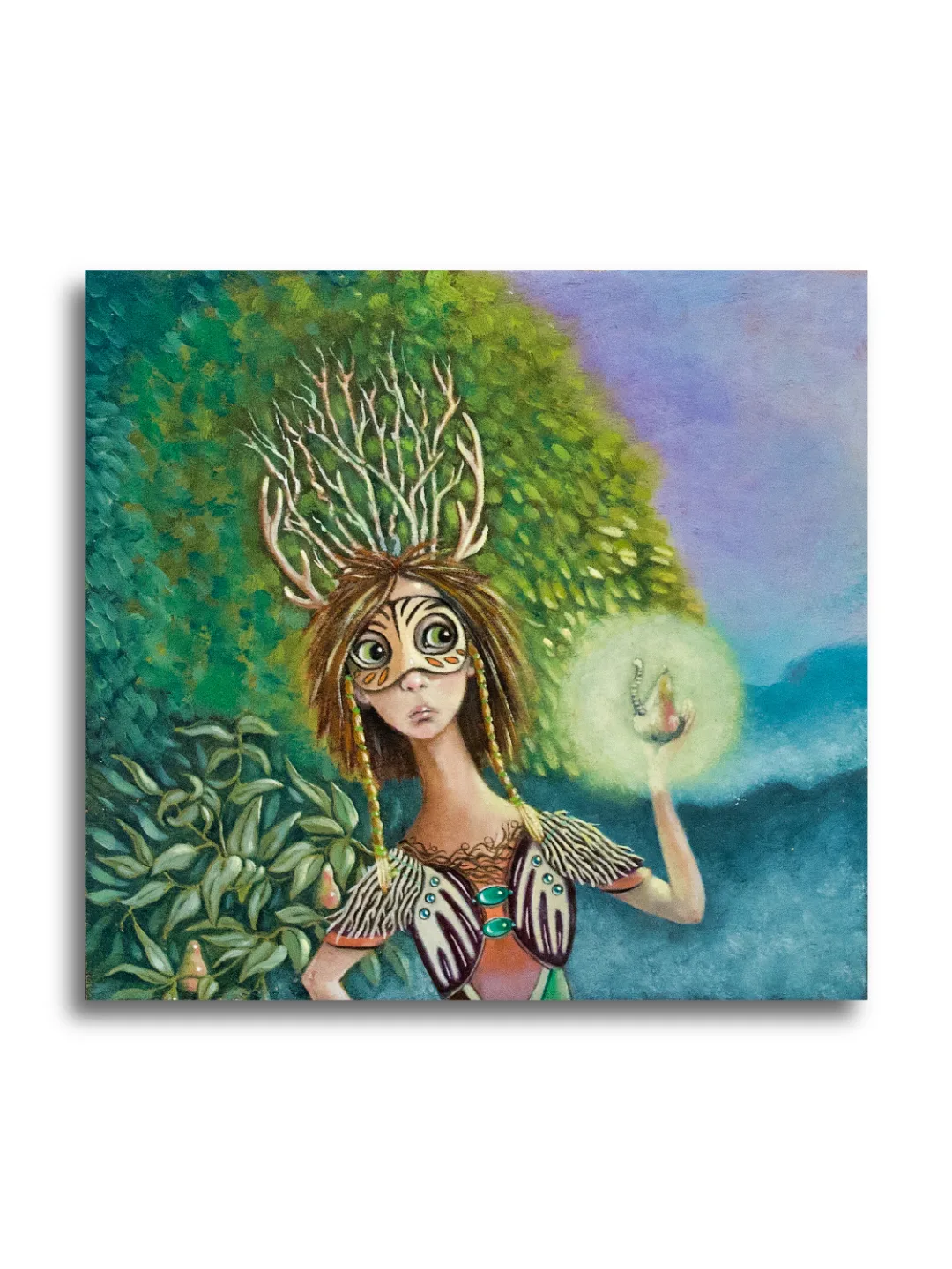 Dryad by Ann Richmond - A stunning, Original artwork featuring a Dryad (Wood Nymph) and a wormy-apple! Painted in the artist's unique style... Framing available.