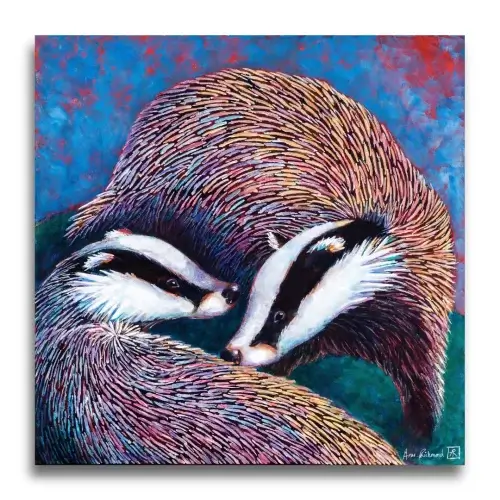 Rainbow Badgers by Ann Richmond - A Painting of an intertwined pair of Badgers. C/W Letter of Provenance & Story. Framing Available.