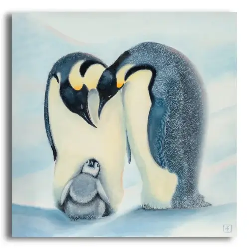 Shelter From the Storm by Ann Richmond - A Painting of an Emperor Penguin Family. Limited inventory remains in our Print Sale...