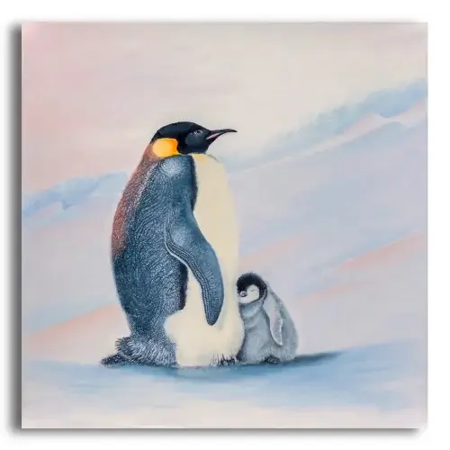Love in a Cold Climate by Ann Richmond - A Painting of an Emperor Penguin family. Limited inventory remains in our Print Sale...
