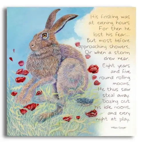 His Frisking... by Ann Richmond - A soulful painting of a jumping wild Hare. Limited inventory remains in our Print Sale...