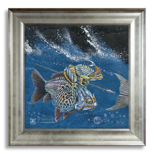 Quicksilver! by Ann Richmond - A Painting of a stunning Oranda Carp & Frog. C/W Letter of Provenance & Story. Framed.