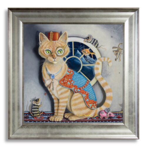 One Cool Cat by Ann Richmond - A Painting of a mystical cat & mice. C/W Letter of Provenance & Story. Framed.
