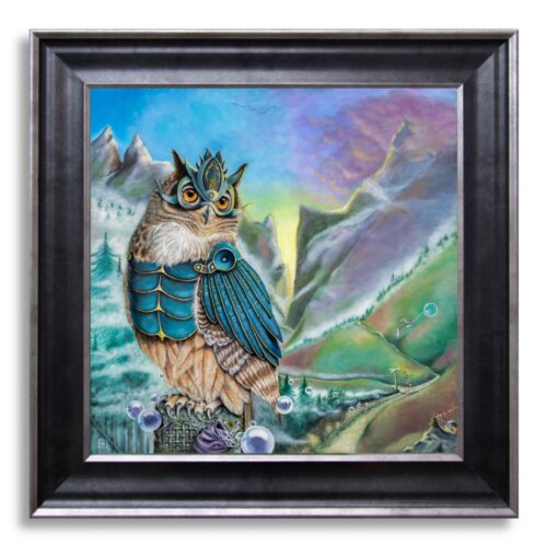 Pearls of Wisdom by Ann Richmond - A Painting of an armoured Eagle Owl. C/W Letter of Provenance & Story. Framed.