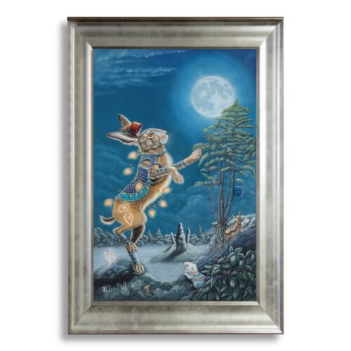 Moon Dancer by Ann Richmond - A Painting of an armoured Hare dancing at the moon. C/W Letter of Provenance & Story. Framed.