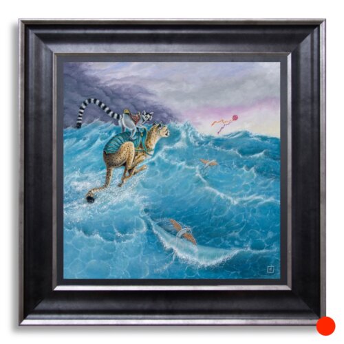 Windcheetah! by Ann Richmond - A Painting of a sea-going Cheetah & Lemur! C/W Letter of Provenance & Story. Framed.