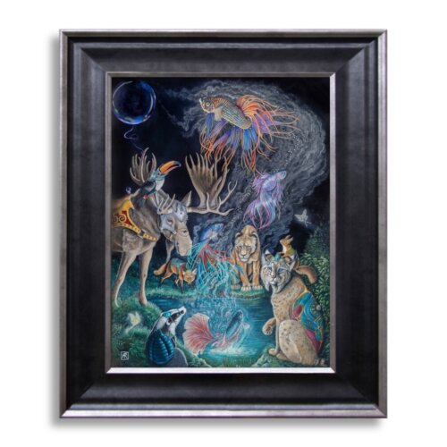 Everyday Miracles by Ann Richmond - A Painting of a group of armoured animals & Siamese Fighting Fish. C/W Letter of Provenance & Story. Framed.