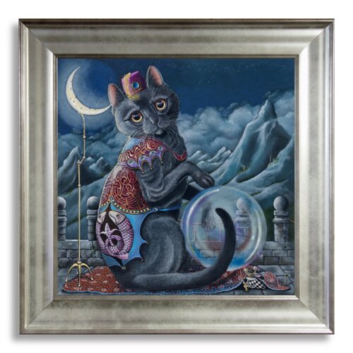 Mystic Mog by Ann Richmond - A Painting of a mystical black cat. C/W Letter of Provenance & Story. Framed.