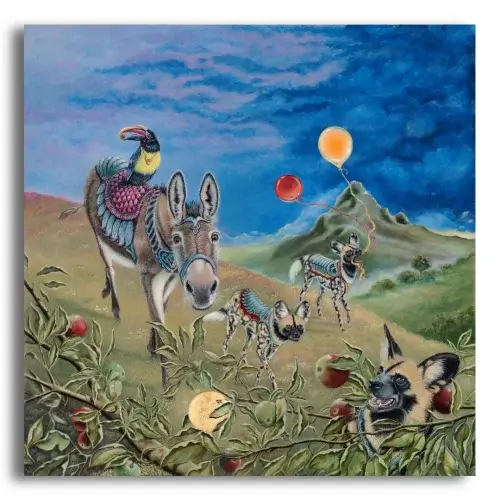 Golden Delicious by Ann Richmond - A beautiful Fine-Art Print of an adventurous Donkey and a trio of Painted Dogs. Limited inventory remains in our Print Sale...