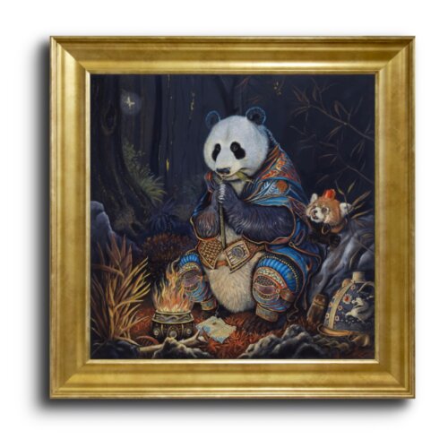 Dinner For One? by Ann Richmond - A Painting of an armoured (& hungry) Giant Panda with a Red Panda friend. C/W Letter of Provenance & Story. Framing Available.