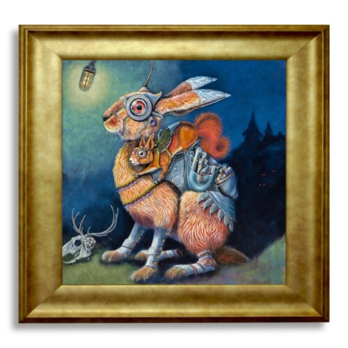 Night Mail by Ann Richmond - A Painting of a fabulous armoured Hare & Squirrel. C/W Letter of Provenance & Story. Framed.