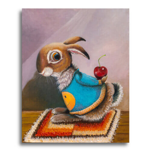 A Cherry For my Chérie - Part of the 'Soup2Nuts' Collection by Ann Richmond - A painting of a cute rabbit who's too shy to give his sweetheart the cherry he hides behind his back! Framing Available.