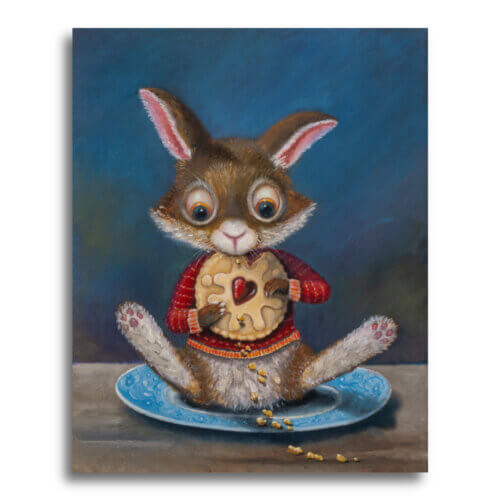 The Jammy Dodger! - Part of the 'Soup2Nuts' Collection by Ann Richmond - A painting of a cute rabbit who's taking care to eat the biscuit first and leave the jam 'til last! Framing Available.