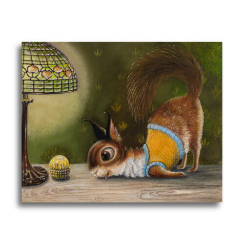 Fool's Gold - Part of the 'Soup2Nuts' Collection by Ann Richmond - A painting of a cute squirrel who's just caught sight of his first Ferrero Rocher chocolate... Framing Available.