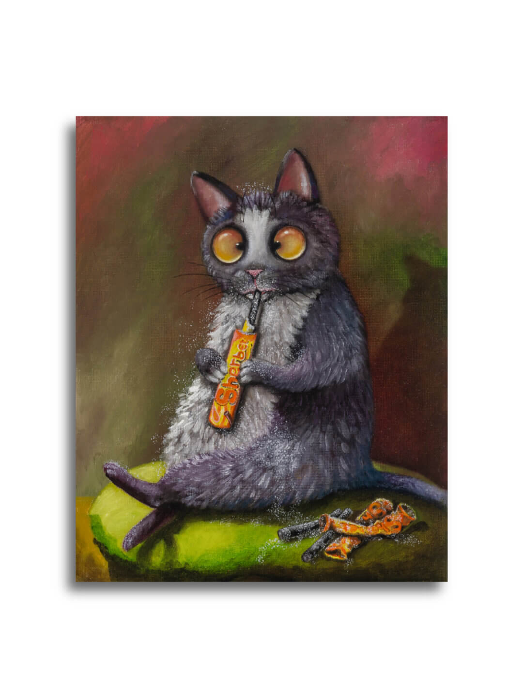 Sparky Hated the Licorice - Part of the 'Soup2Nuts' Collection by Ann Richmond - A painting of a crazed B&W cat who cares only for the sherbet... Framing Available.