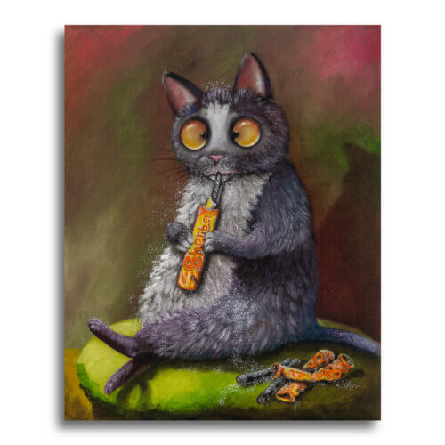 Sparky Hated the Licorice - Part of the 'Soup2Nuts' Collection by Ann Richmond - A painting of a crazed B&W cat who cares only for the sherbet... Framing Available.