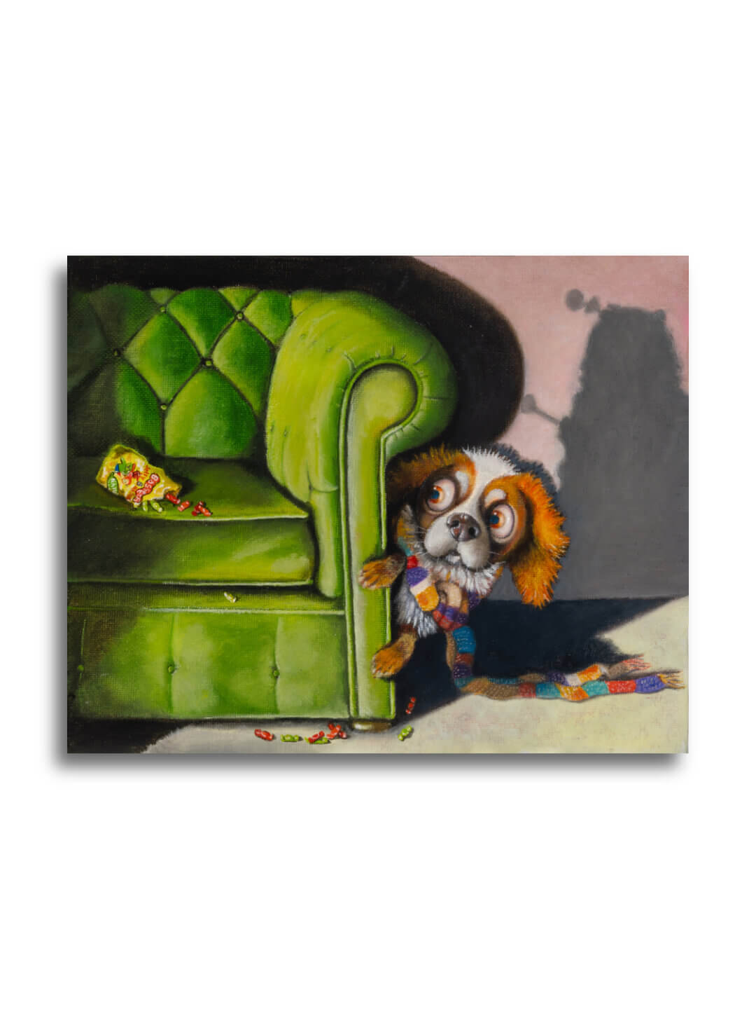 Who's There? - Part of the 'Soup2Nuts' Collection by Ann Richmond - A painting of a cute King Charles Spaniel, who's scared of the Dalek on TV... Framing Available.