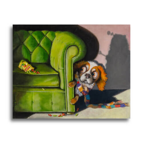 Who's There? - Part of the 'Soup2Nuts' Collection by Ann Richmond - A painting of a cute King Charles Spaniel, who's scared of the Dalek on TV... Framing Available.